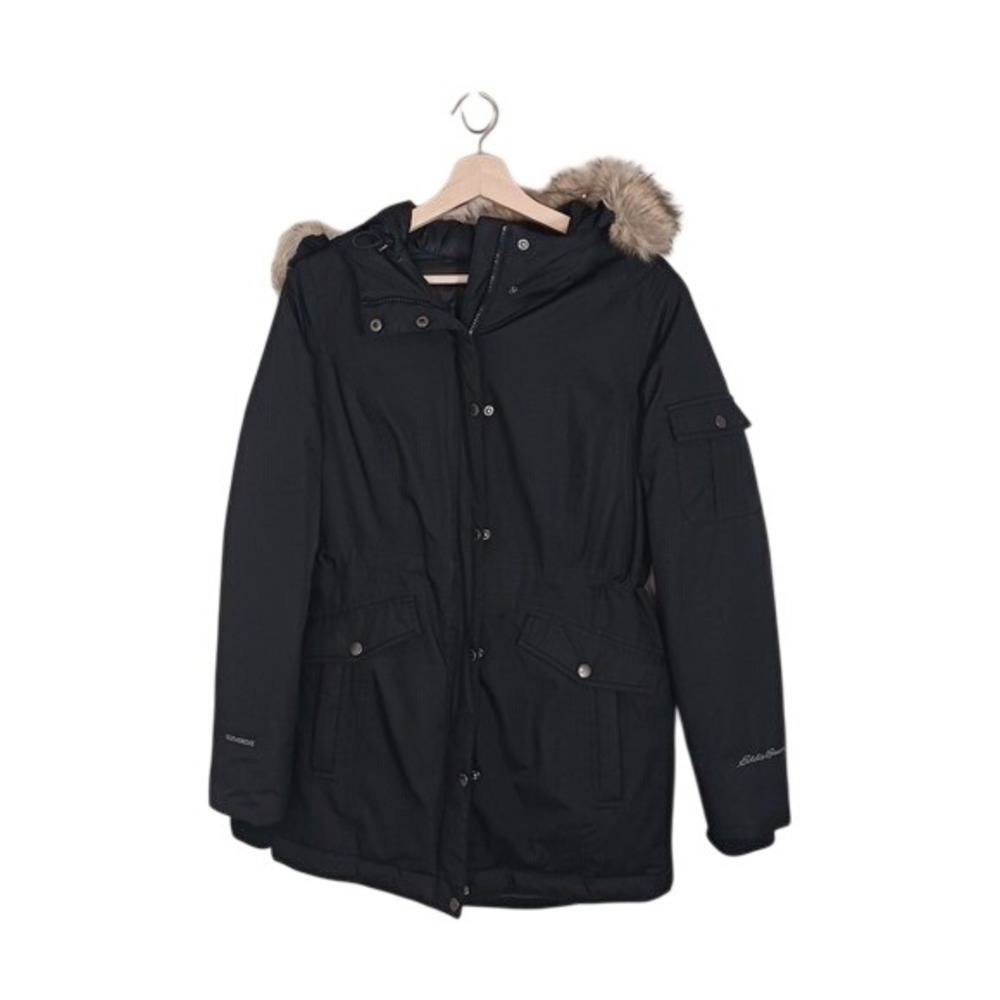 Eddie Bauer Down Parka Womens S Black Faux Fur Hood Insulated Winter Coat